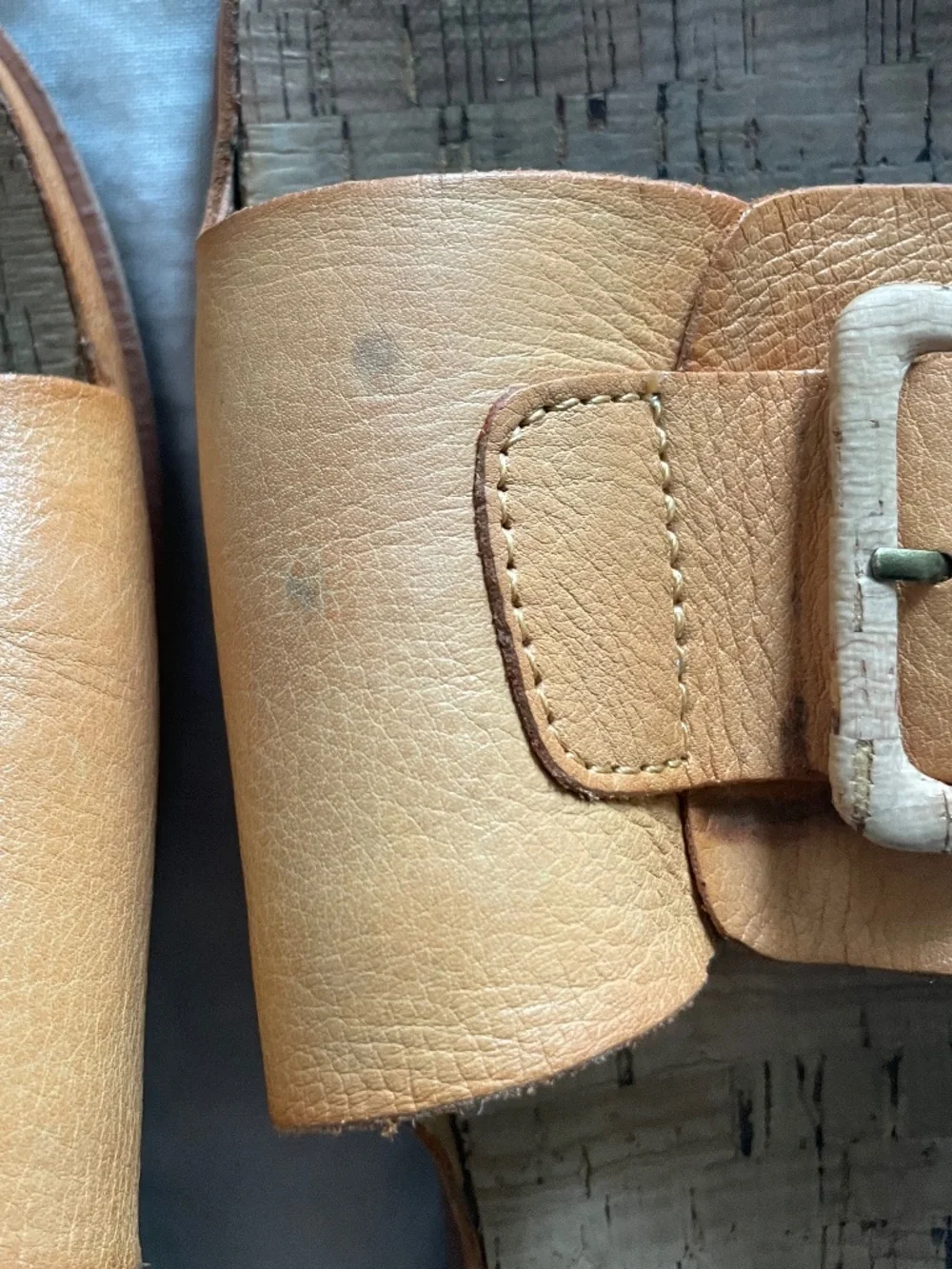 Kork-Ease Tutsi tan buckle slide sandals with natural cork buckle and footbed